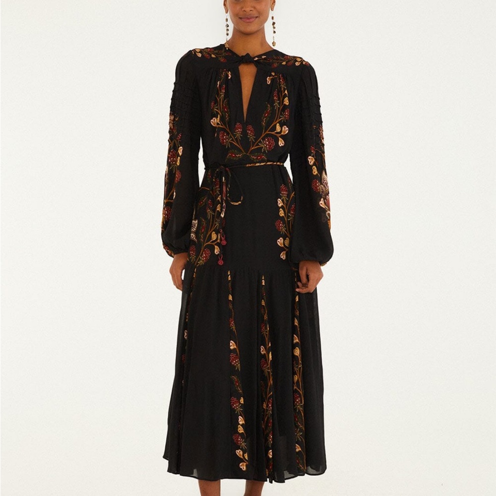 NEW Farm Rio Black Berry Garden Maxi Dress M Medium long sleeve pleated